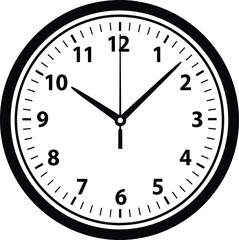 Classic round wall clock illustration showing accurate time, clean black outline design, timekeeping symbol for schedule, office, education, punctuality and organization