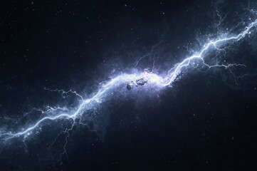 Cosmic lightning bolt illuminates deep space with electric blue energy and starry background