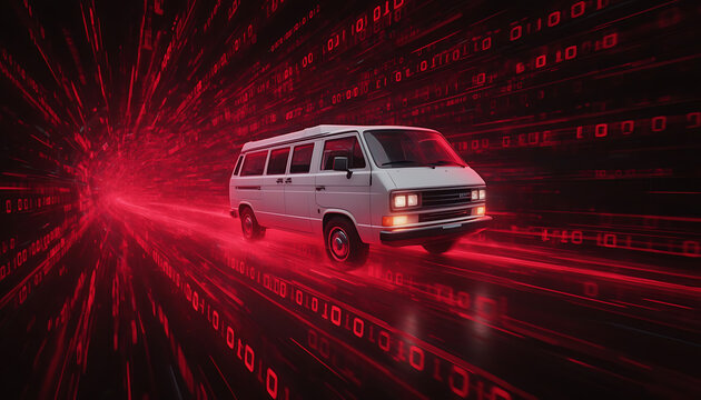 Futuristic white van traveling through a red tunnel of digital binary code, with a glow effect and a dark background.