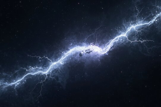 Cosmic lightning bolt illuminates deep space with electric blue energy and starry background