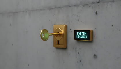 System Secured Concept with Key and Text on a Modern Wall, Digital Data Security and Protection