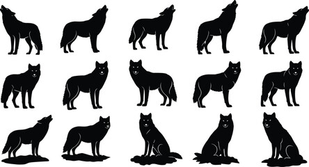 Wild wolf silhouette collection featuring multiple standing, howling, and sitting poses, wildlife illustration set, predator animal vector graphic design