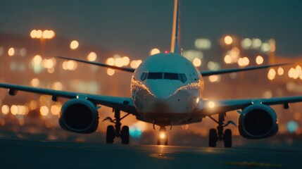 Airplane prepares for takeoff at a busy airport during twilight hours