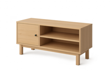 Modern light wood TV stand isolated on transparent background, minimalist style