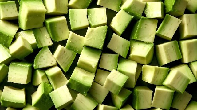 A closeup view of halved green cucumbers with water droplets on them, showcasing their vibrant green color and speckled texture. The cucumbers are arranged in a grid pattern.
