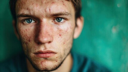 Young man with intense gaze, striking blue eyes, and skin imperfections