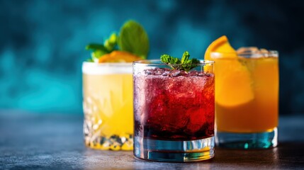Colorful cocktail drinks on a bar counter with garnishes in summer light