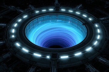 Futuristic glowing blue portal vortex with industrial metallic ring and bright lights