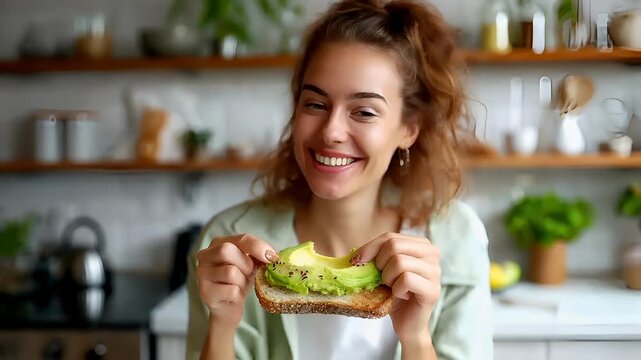 woman eating avocado in kitchen setting.