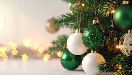 Fototapeta premium Close up of a beautifully decorated Christmas tree with green and white ornaments and warm bokeh lights.