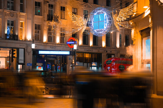 Christmas Angel Fairy Lights, Festive Holiday Decorations, Kiko Milano, Omega Stores, Central London Underground Station Roundel Sign, Oxford Circus, West End, England, United Kingdom &ndash; December 2025