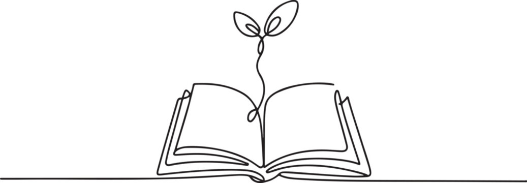 Opened book with sprout plant in one continuous line drawing . Education study and knowledge concept in simple linear style.one line  vector illustration  with out background
