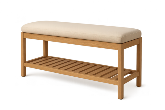 Wooden bench with cushioned seat isolated on transparent background, cutout
