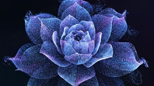 Digital abstract particles expand and bloom outward, forming complex geometric blue and purple flower shapes in a seamless loop forming, loop, abstract