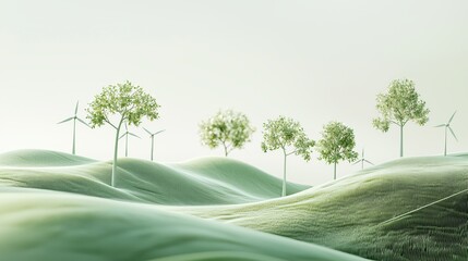 Fototapeta premium Lush green rolling hills with trees and wind turbines symbolizing sustainable