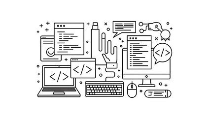 Digital Craftsmanship: Coding and software development essentials, illustrating the tools and workspace of a coder