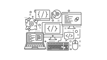 Digital Coding: A detailed, stylized illustration showcasing essential elements of coding, including computers, lines of code, and digital interfaces.