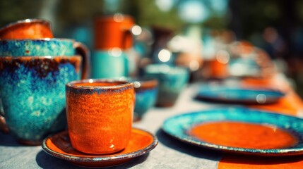 Colorful pottery display at an outdoor market during a sunny afternoon