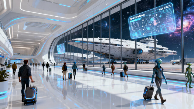 Futuristic spaceport terminal with humans and aliens walking past massive starships