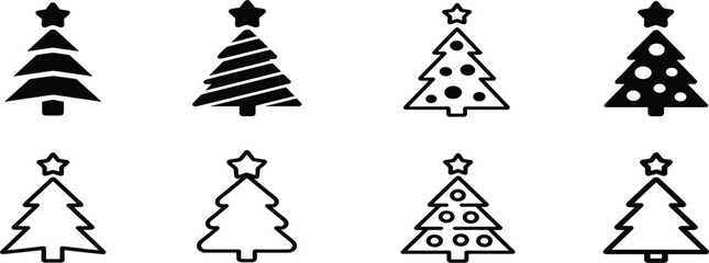 Christmas Tree, Holiday, and Seasonal Vector Illustration Set: Featuring Various Pine Tree Shapes in Solid, Outline, and Decorated Styles