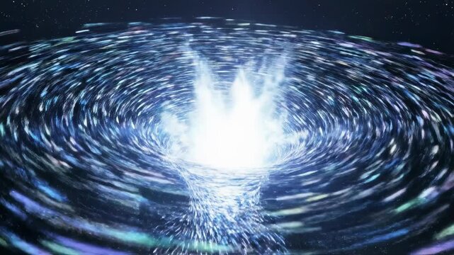 Digital data streams converging into a powerful central singularity vortex on a futuristic black background sci-fi, infinite, network