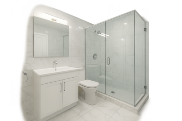 Modern white bathroom with transparent shower cabin on a transparent background