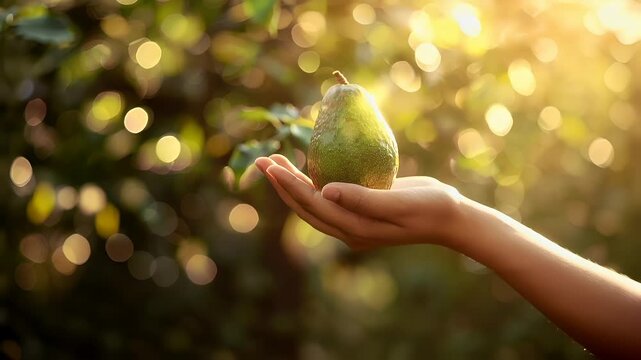 A hand holding a ripe pear against a bokeh background of green foliage and sunlight.