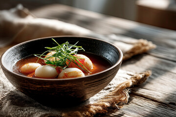 Warm bowl of tteokguk with sliced rice cakes and garnish, Korean New Year table