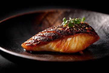 Japanese plating of tai fish grilled to perfection on black background