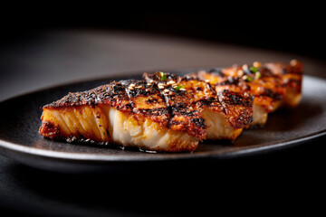 Japanese plating of tai fish grilled to perfection on black background