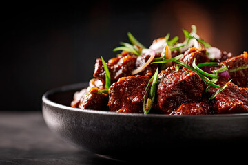 beef rendang with glossy rich sauce on black background