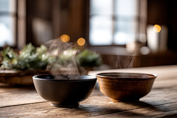 Toshikoshi soba in rustic ceramic bowls on rustic wooden table.Chinese decor background