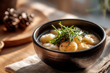 Warm bowl of tteokguk with sliced rice cakes and garnish, Korean New Year table