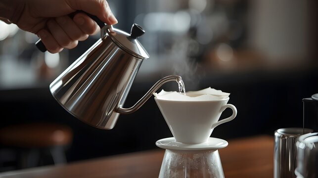 Barista carefully pouring hot water to brew artisanal drip coffee in a ceramic cone - Powered by Adobe