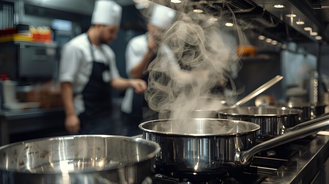Restaurant kitchen scene Steaming pots and chefs at work, culinary teamwork and dining - Powered by Adobe