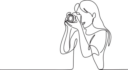 A girl taking photo with her camera. One line continuous. Vector illustration. Photographer with a camera takes pictures outdoors.one line  vector illustration  with out background