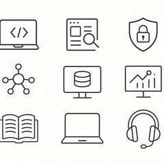 Digital World Elements: Collection of simple, clean, and modern icons representing diverse digital elements. Suitable for web design, app development, and related concepts.