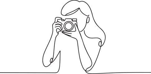 A girl taking photo with her camera. One line continuous. Vector illustration. Photographer with a camera takes pictures outdoors.one line  vector illustration  with out background