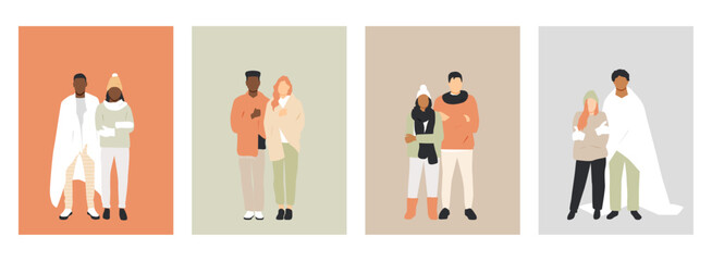 Collection of different couples. Men and women wearing scarfs and blankets.