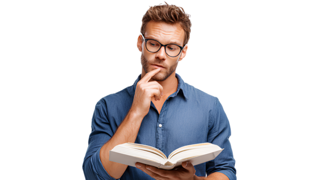 Man in blue shirt reading book looking thoughtful with hand on chin against transparent background