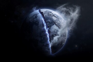 Dramatic depiction of earth shattering with a glowing blue crack and swirling smoke in the vastness of space