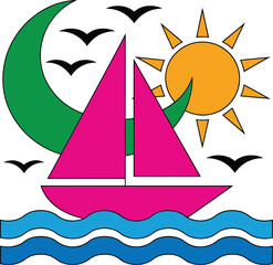 Colorful sailboat vector with pink sails, sun and moon in surreal sky—vibrant nautical scene with birds and waves.