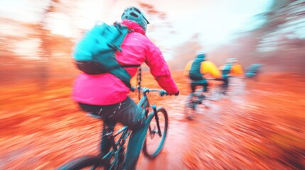 Cyclists navigating a colorful autumn trail during a misty day