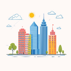 Obraz premium Vibrant Cityscape With Tall Buildings Trees And Clouds Under A Sunny Sky In Daytime Flat Design