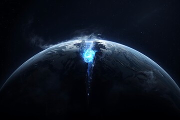 Mysterious blue energy erupts from the surface of a dark alien planet in deep space