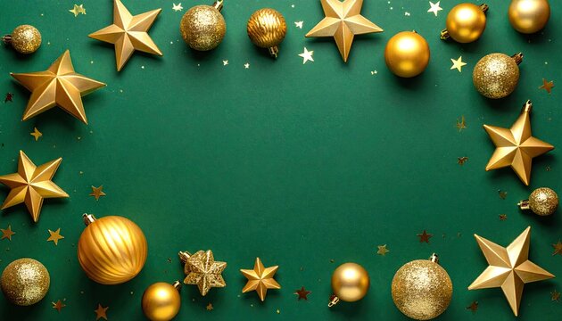 Golden Christmas Ornaments and Stars Border on Green Background Festive Celebration.