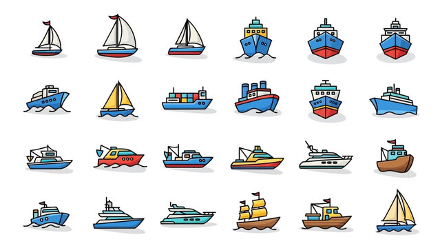 A comprehensive collection of colorful cartoon boat and ship icons, illustrating various types of maritime transport from sailboats to cargo vessels