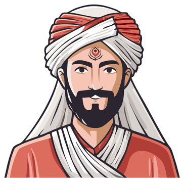 Man Wearing Traditional Turban Headwear with Bindi Cartoon Style