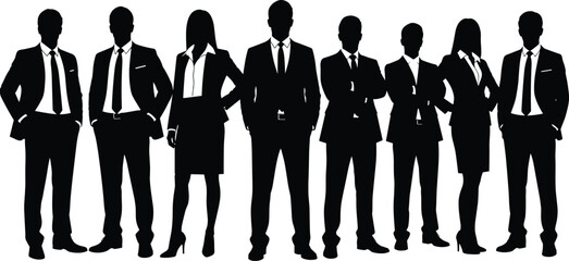 Professional business team silhouettes standing together in formal corporate attire, leadership group illustration, teamwork concept, office people collection design