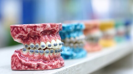 Fototapeta premium Model teeth with braces displayed in colorful teaching aids at a dental office